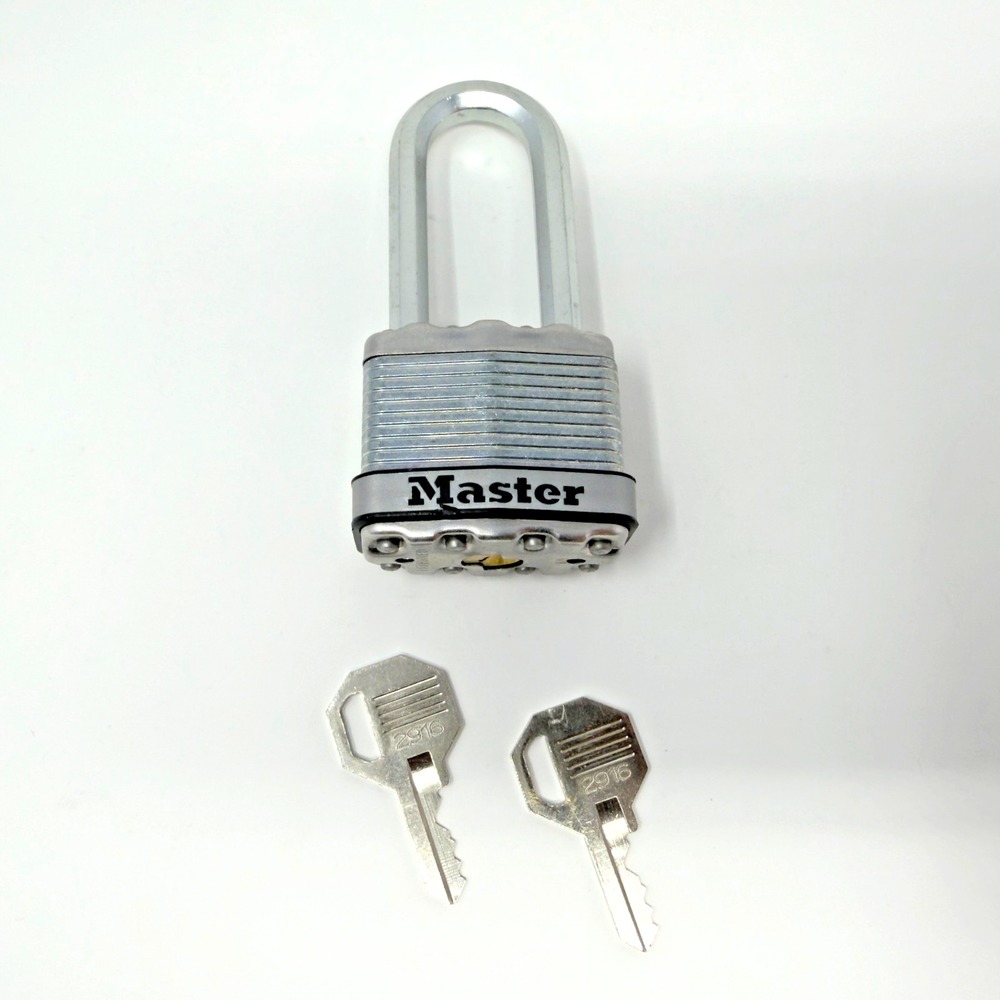 Master Lock Long Shackle Laminated Steel Padlock 2 Matching Keys Code 2916